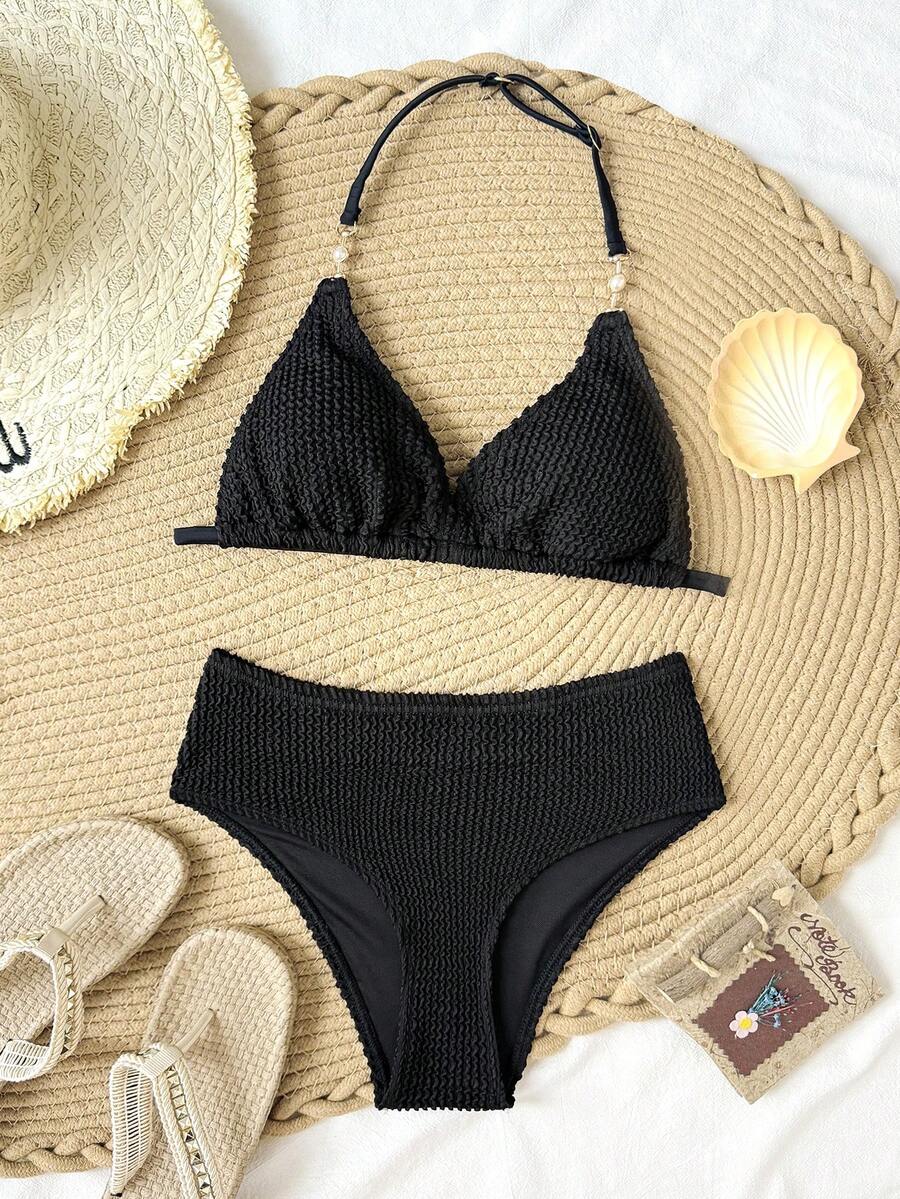SHEIN Tween Girls Tankinis Knit Jacquard Textured Fabric With Metal Decorative Buckles, Solid Color Adjustable Spaghetti Strap Bikini Set, Includes Top And Bikini Bottoms, Suitable For Summer Beach Vacation.Tween Girl - Black - View 1