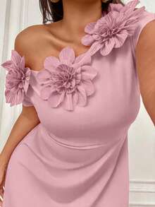 Femmeverse Plus Size Women's Solid Color Floral Decor Ruched Shoulder Design Fashionable Short Dress - Pink - View 4