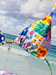 Swim Mod 2pcs/Set Women Summer Beach Vacation-Style Fruit Print Bikini Swimwear Set,Halter-Neck Bikini Top With Triangle Cups And Pleated Swim Trunks - Multicolor - View 1