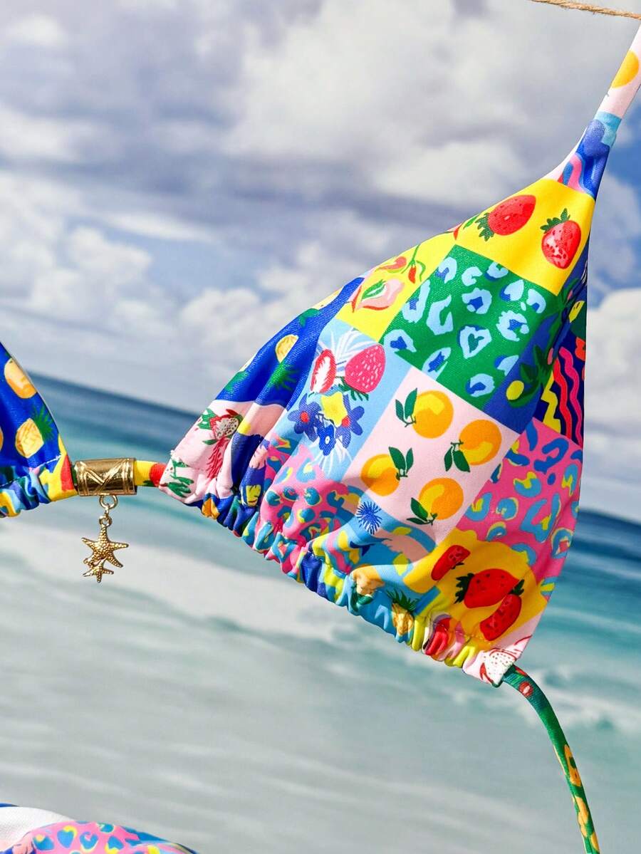 Swim Mod 2pcs/Set Women Summer Beach Vacation-Style Fruit Print Bikini Swimwear Set,Halter-Neck Bikini Top With Triangle Cups And Pleated Swim Trunks - Multicolor - View 1