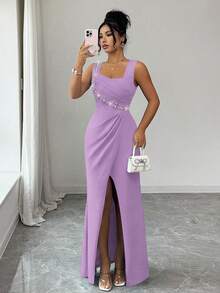 xheSHEIN Elenzya Vestido elegante y romántico para damas, con cuello cuadrado sin mangas, decoración de perlas en la cintura, plisado, abertura, ajustado, ligero, para fiesta y cóctel, con bajo de cola de sirenaxhe - Púrpura malva - Ver 7