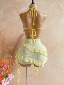 SHEIN WYWH Đầm ngắn nữ mùa hè đi biển, màu trơn, chất liệu vải có họa tiết, nhiều lớp xếp nếp, hở lưng, cổ buộc dây. - Màu vàng - Xem 2