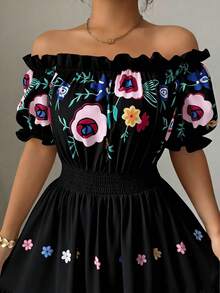 Modelyn Women's Off Shoulder Petal Sleeve Floral Print Waist Flared Romantic Elegant Casual Summer Dress - Black - View 3