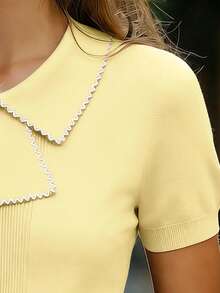 Franclia Áo dệt kim ngắn tay cổ bẻ đơn giản cho nữ, phối đen trắng, thích hợp mặc hàng ngày, mùa xuân/hè. - Màu vàng - Xem 4