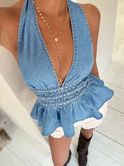 Aloruh Women's Solid Color Minimalist Daily Wear Halter Denim Top