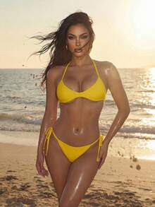 Swim SXY 女士夏季沙滩纯色挂脖系带性感比基尼三角泳裤套装 黄色两件套泳衣 黄色两件套女士黄色比基尼两件套比基尼 丰收节快乐 黄色两件套比基尼 - 黃色 - 查看 7