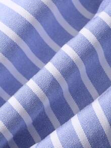 DAZY 条纹蓝色衬衫裙，简约高领系腰设计，显瘦，适合春夏穿着 - 藍色 - 查看 8