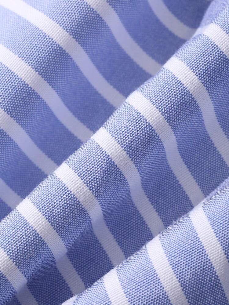 Striped Blue Shirt Dress, Minimalist High Neck Tie-Waist Design, Slimming, Suitable For Spring & Summer Sun Dresses For Women