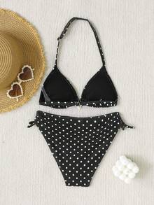 Bộ bikini chấm bi thoải mái, giản dị dành cho bé gái tuổi teen, thích hợp cho kỳ nghỉ. - Đen và trắng - Xem 2