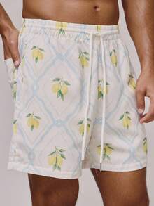 Musero 弹力抽绳腰带，柠檬印花夏季泳裤，春夏度假必备泳装，泳池边穿着 - 彩色 - 查看 1