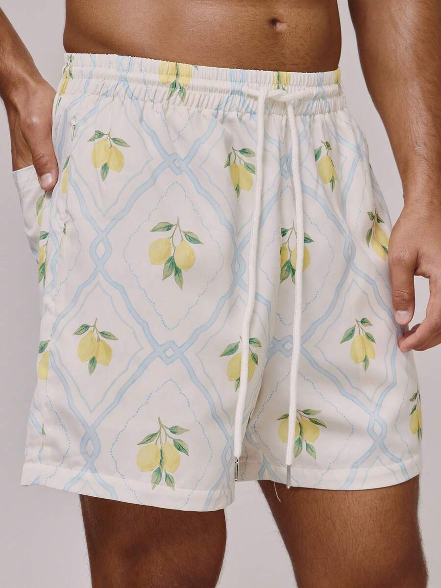 Musero 弹力抽绳腰带，柠檬印花夏季泳裤，春夏度假必备泳装，泳池边穿着 - 彩色 - 查看 1