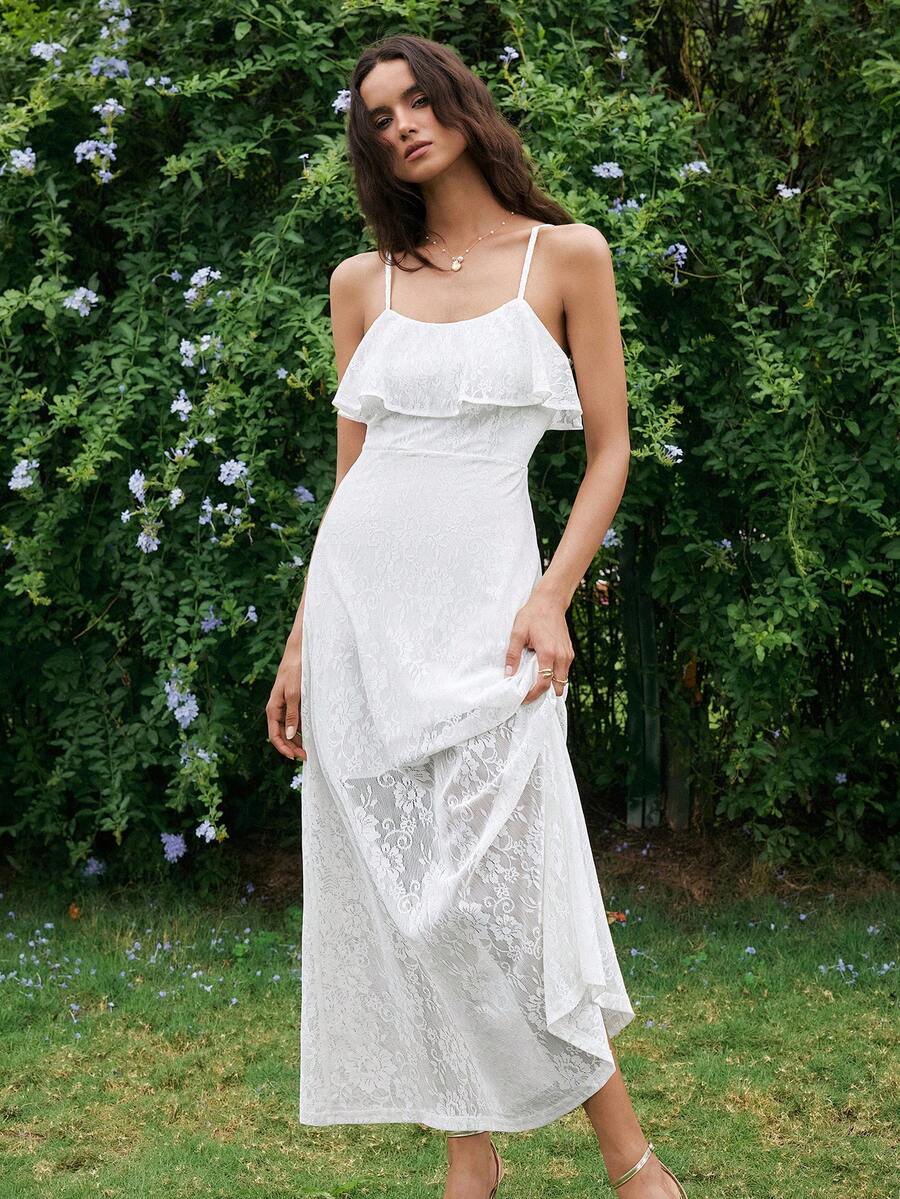 Franclia 女士新款白色荷叶边优雅浪漫蕾丝吊带A字长裙 - 白色 - 查看 1