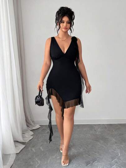Elenzga Vestido de mujer de talla grande con cuello en V ajustado, tirantes finos, parches de malla, volantes y decoración floral en unicolor para primavera/verano