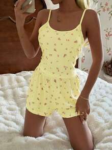 CottageSlumber 2pcs Ditsy Floral Camisole And Shorts Pajama Set, Sweet And Comfortable For Summer - Yellow - View 3