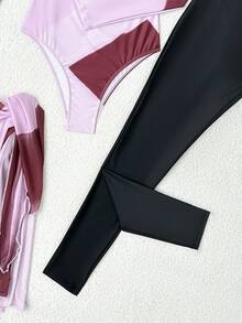 Swim Shayni 三件套彩色条纹印花圆领长袖拉链上衣、纯色长裤、网纱半裙，年轻时尚度假女士比基尼泳装 - 彩色 - 查看 6