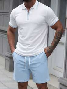 Manfinity Homme 男士短袖拉链领 Polo 衫套装，适合居家、外出和聚会穿着 - 藍白色 - 查看 3