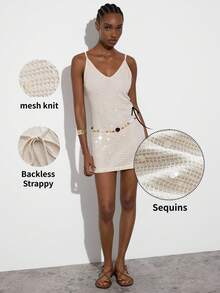 MAIJA Holiday Crochet Mesh V-Neck Spaghetti Strap Bodycon Dress, Summer Beach Boho Beige Women's Clothing Resort Outfit Vacation Country Concert - Apricot - View 4