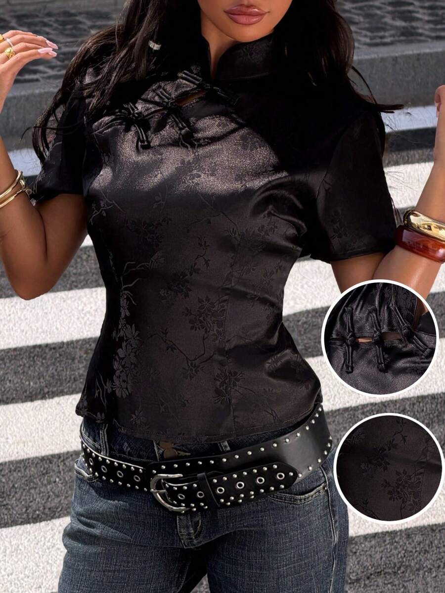 Muchica Áo thun nữ tay ngắn bằng vải satin đen dệt jacquard - màu đen - Xem 1