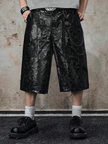 ROMWE MEN Goth 男士时尚直筒宽松休闲百搭夏季PU纹理短裤 - 黑色 - 查看 4