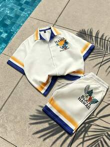 ROMWE MEN Street Life Bộ đồ hè 2 món dành cho nam! Áo sơ mi ngắn tay và quần short in họa tiết Hawaii, thích hợp cho các chuyến đi biển, tiệc bãi biển và mặc thường ngày. - Nhiều màu - Xem 3
