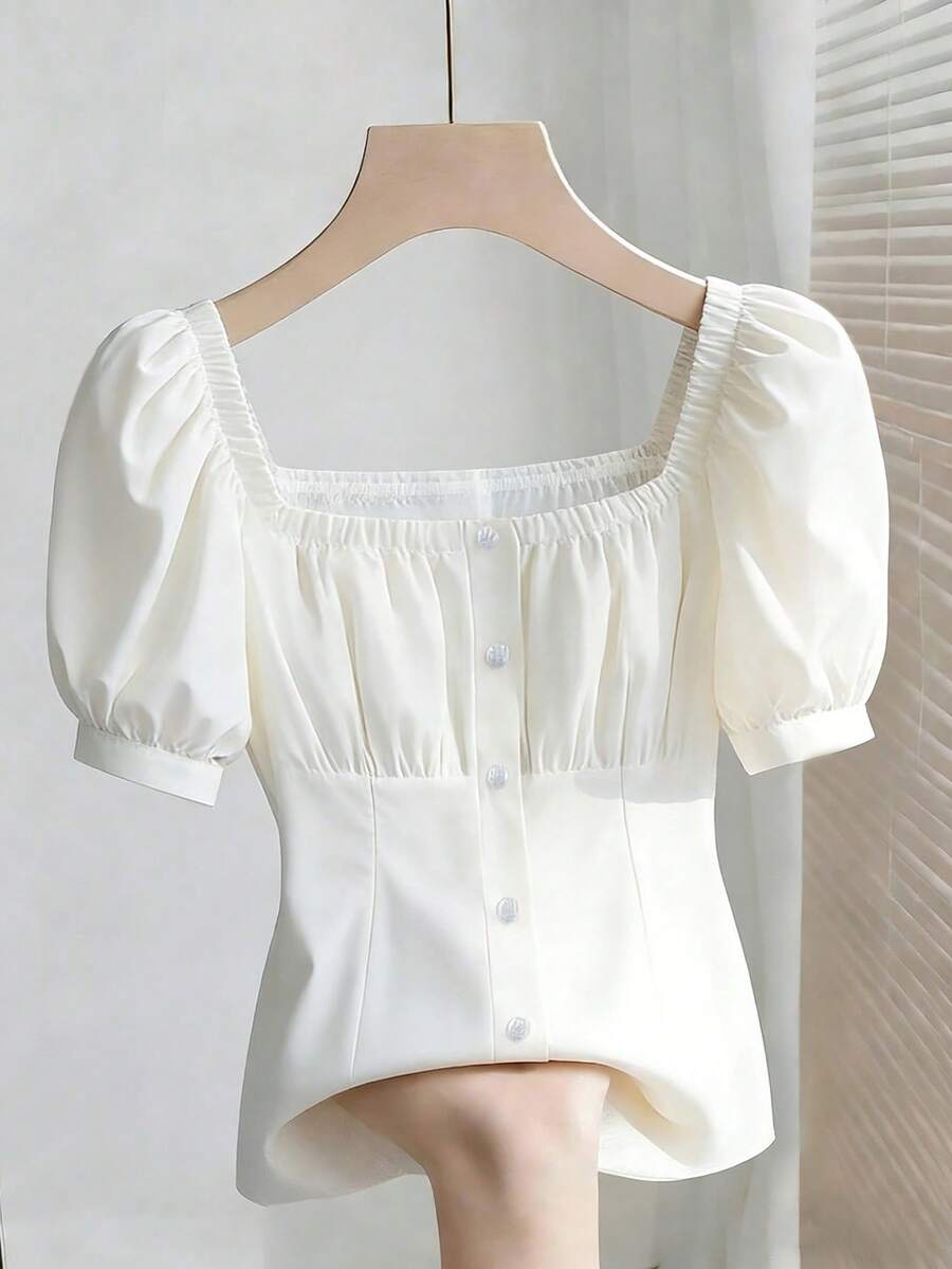 SHEIN Franclia 女款優雅白色夏季泡泡袖方領上衣,純色可愛襯衫,約會穿搭乳女風上衣,短袖上衣 - 白色 - 查看 1