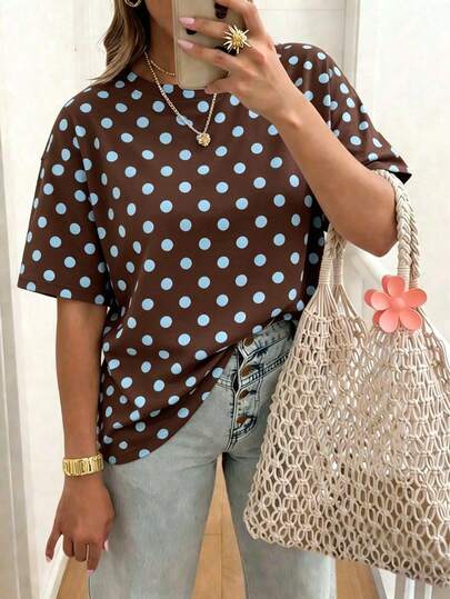 EMERY ROSE Conjunto de verano, vacaciones y playa para mujer de talla grande, de unicolor con lunares elegantes y versátiles, estilo francés de lunares, estilo de viaje. Camiseta de mujer casual de cuello redondo y manga corta.
