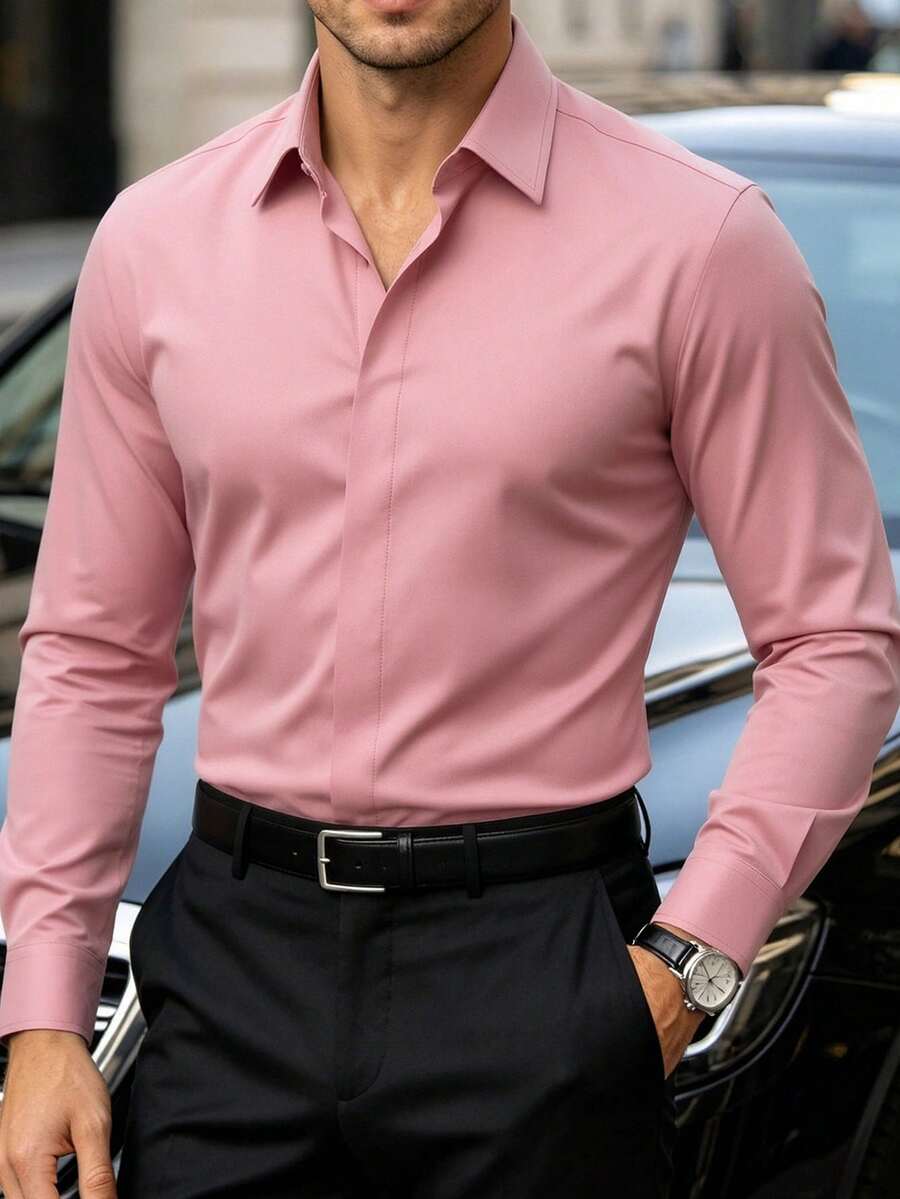 Manfinity Mode Kemeja Pria Lengan Panjang, Warna Pink Muda Polos, Kasual Bisnis, Potongan Reguler Musim Gugur, Kancing Depan Kantor, Nyaman Sepanjang Musim, Tekstur Halus, untuk Acara Resmi - Baby Pink - View 1