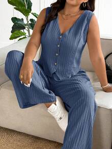 SHEIN Frenchy Women's Plus Size Textured Button Vest And Casual Loose Pants Set - Blue - View 6