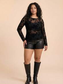 CAJUNI Blusa de manga larga casual de mujer con patrón floral estampado - Negro - Ver 3