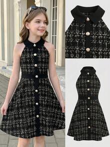 SHEIN 少女时尚优雅短袖格子连衣裙 - 藍色 - 查看 6