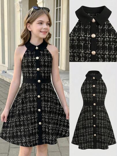 SHEIN Đầm ngắn tay kẻ caro thời trang thanh lịch dành cho bé gái tuổi teen