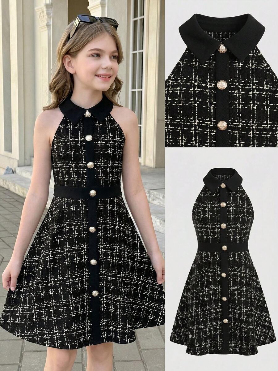 SHEIN Kids Tween Girl Elegant Black And White Checkered Tweed Dress,Autumn Back-To-School Party Halter Collar Button Front Plaid Dresses For Girls - Blue - View 1