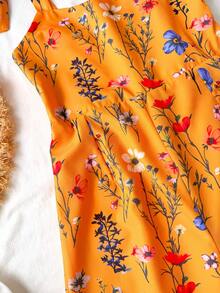 SHEIN Sparklyn 1pc Girls' Summer Boho Holiday Vacation Orange Floral Print Sleeveless Jumpsuit With Detachable Bow,Straight Wide Leg Casual Woven Jumpsuit,Holiday - Yellow - View 8