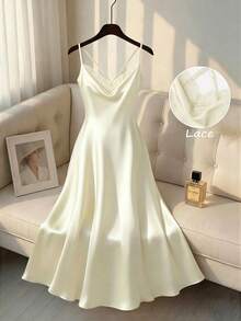 GlowEve CURVE Vestido de tirantes elegante de unicolor con encaje de contraste para tallas grandes en verano - Albaricoque - Ver 1
