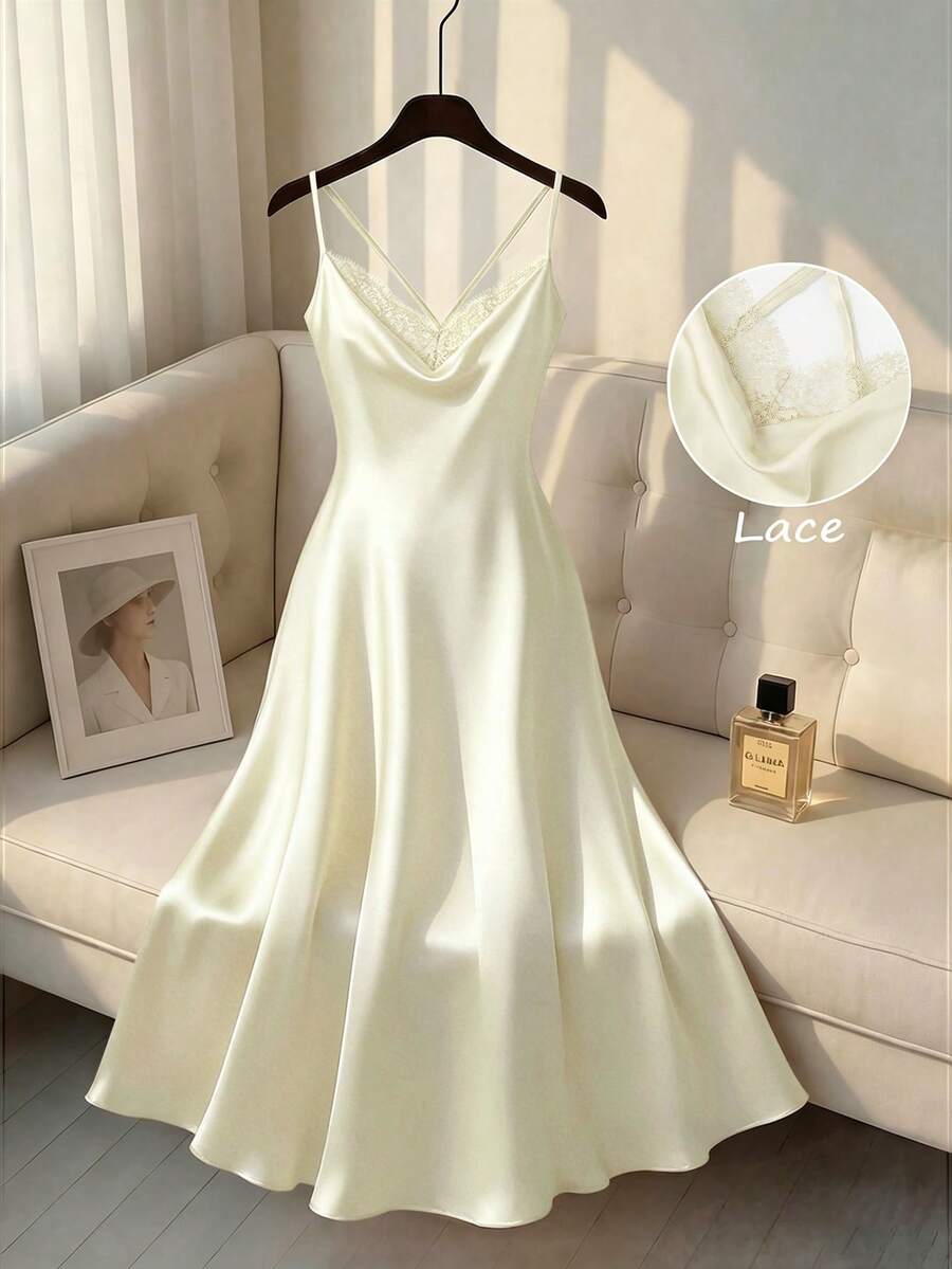 GlowEve CURVE Vestido de tirantes elegante de unicolor con encaje de contraste para tallas grandes en verano - Albaricoque - Ver 1