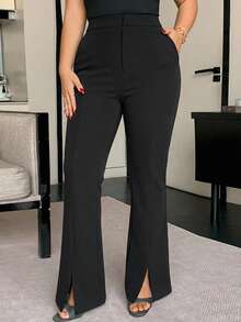 Dazy Plus Solid Color Loose Straight Leg Casual Black Pants, All Season - Black - View 1