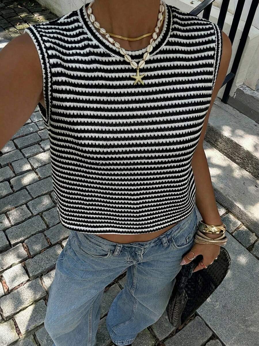 Siren Gaze Tank Top Kasual Minimalis Motif Garis Hitam Putih, Cocok untuk Musim Panas, Atasan Musim Panas