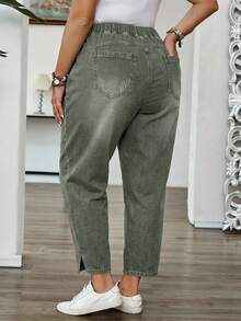 Mature Denim Quần jeans ống côn cạp chun, dáng suông, cỡ lớn, phong cách thường ngày, đã giặt, kiểu dáng thường ngày. - màu xanh lá - Xem 2