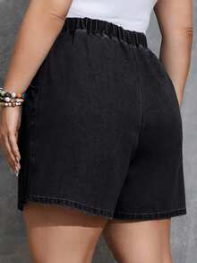 Firerie Plus Size Women's Summer Casual Everyday Commute Drawstring Waist Slant Pocket Loose Denim Shorts - Black - View 2