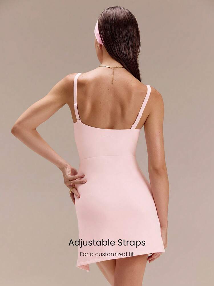 SunPlay Seamless Adjustable Spaghetti Strap Removable Cups Square Neck Tie-Waist Mini Dress Holiday Vacation Summer Daily Casual Wear