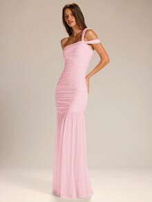 SHEIN BAE Đầm chữ A màu vàng trơn, thiết kế bất đối xứng vai, dành cho nữ, kiểu dáng thanh lịch, thích hợp cho kỳ nghỉ, đầm phù dâu, và mùa tốt nghiệp. - Màu Hồng baby - Xem 4