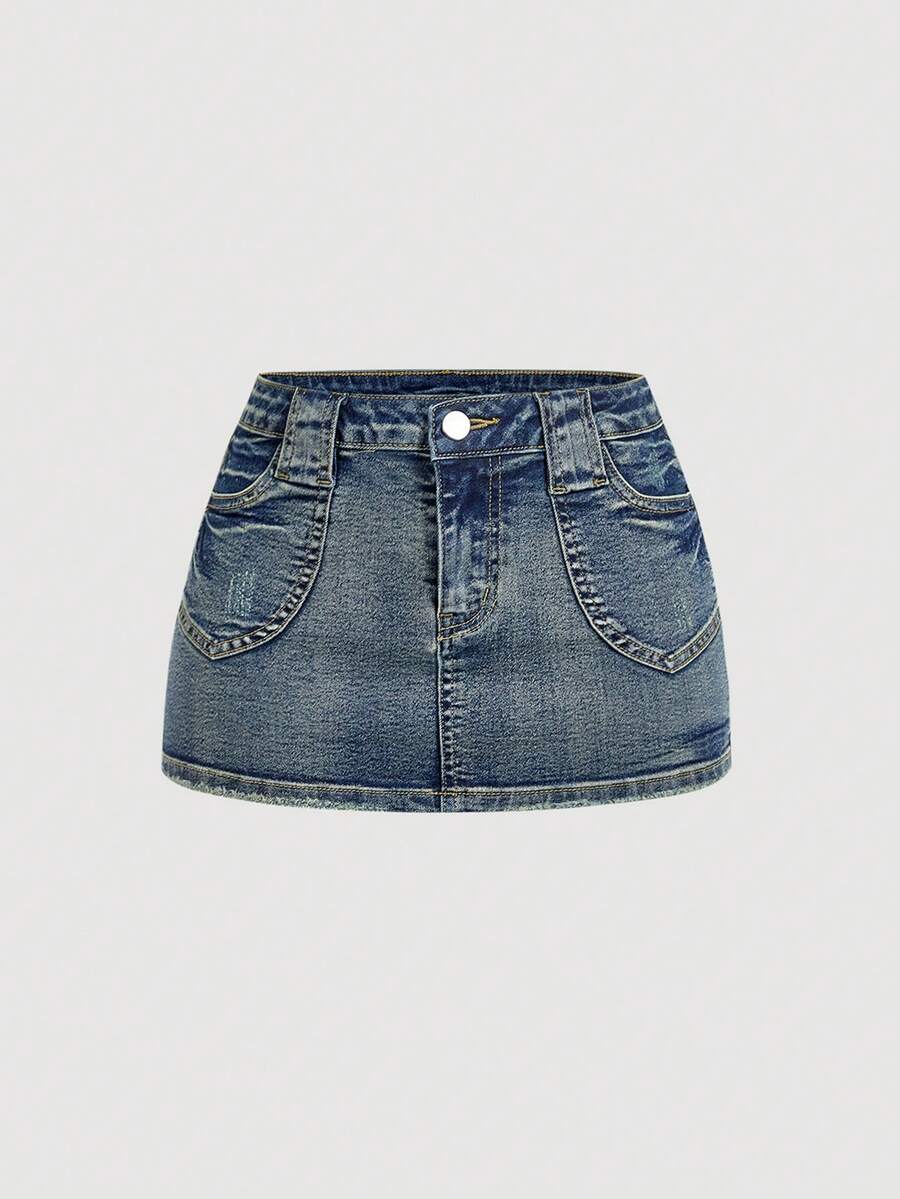 Sweetra Women's Fashion Casual Versatile Retro Sexy Denim Mini Skirt - Medium Wash - View 1