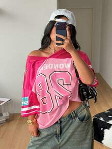 Coolane Women's Plus Size Summer Oversized Inclusive Sizing Beach Breathable Mesh Number Pattern Graphics Baseball Jersey Pink Jersey, Graphic Tee, Casual For Women, Going Out Tops,Holiday - Pink - View 3