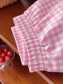 SHEIN EZwear Plus Size Pink Plaid Bow Decor Casual Shorts, Spring Summer - Baby Pink - View 3
