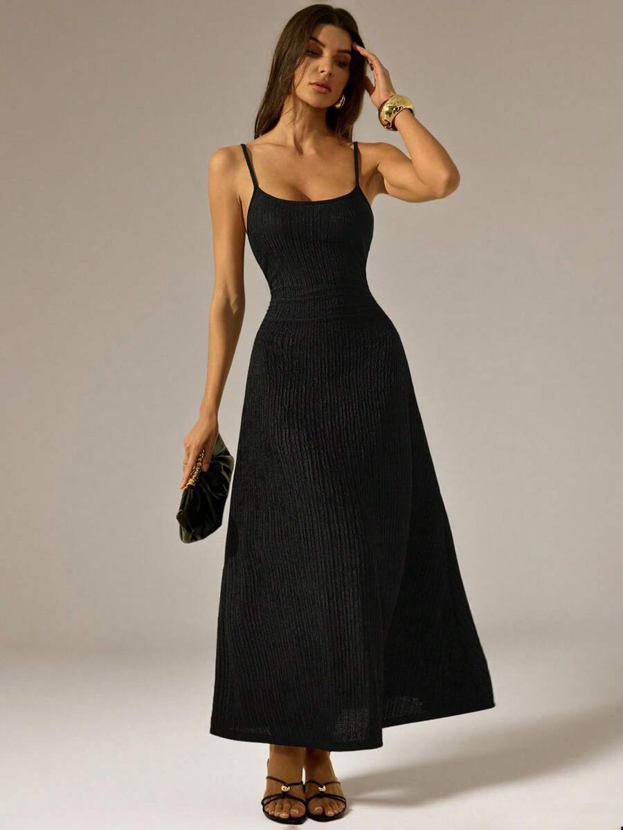 SHEIN Tall Black Minimalist Versatile Romantic Women's Dress, Waist-Cinching Slimming, Suitable For Dates, Vacations In Summer
