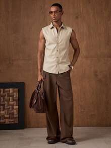 AKNOTIC Men's Fashionable Solid Color Sleeveless Shirt, Summer - Apricot - View 3