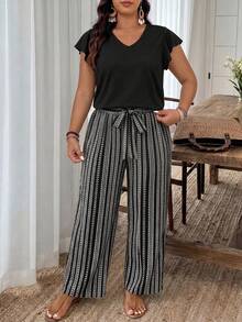 SHEIN Frenchy 2pcs Plus Size Women's Bohemian Black Solid Top And Black & White Striped Pattern Pants Set, Fashionable New Style, Suitable For Spring/Summer Outdoor Wear - Black - View 6