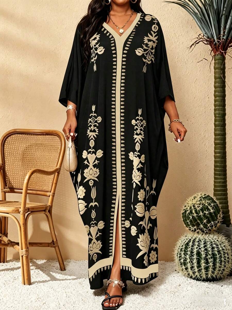 Villa Velisse Vestido casual de mujer de talla grande con estampado retro, vestido retro elegante de vacaciones romántico - Negro - Ver 1