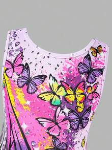SHEIN 女童无袖印花体操服，舒适亲肤，贴身设计防止走光，适合艺术体操、学校舞蹈比赛等场合，四季皆宜，玫瑰红，圣诞节日图案，蝴蝶印花体操服 - 彩色 - 查看 3