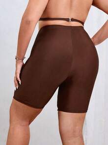 Swim SPRTY Plus Size Women's Solid Color Casual Swim Shorts Bikini Bottoms Butt Lifting Shorts - Brown - View 2